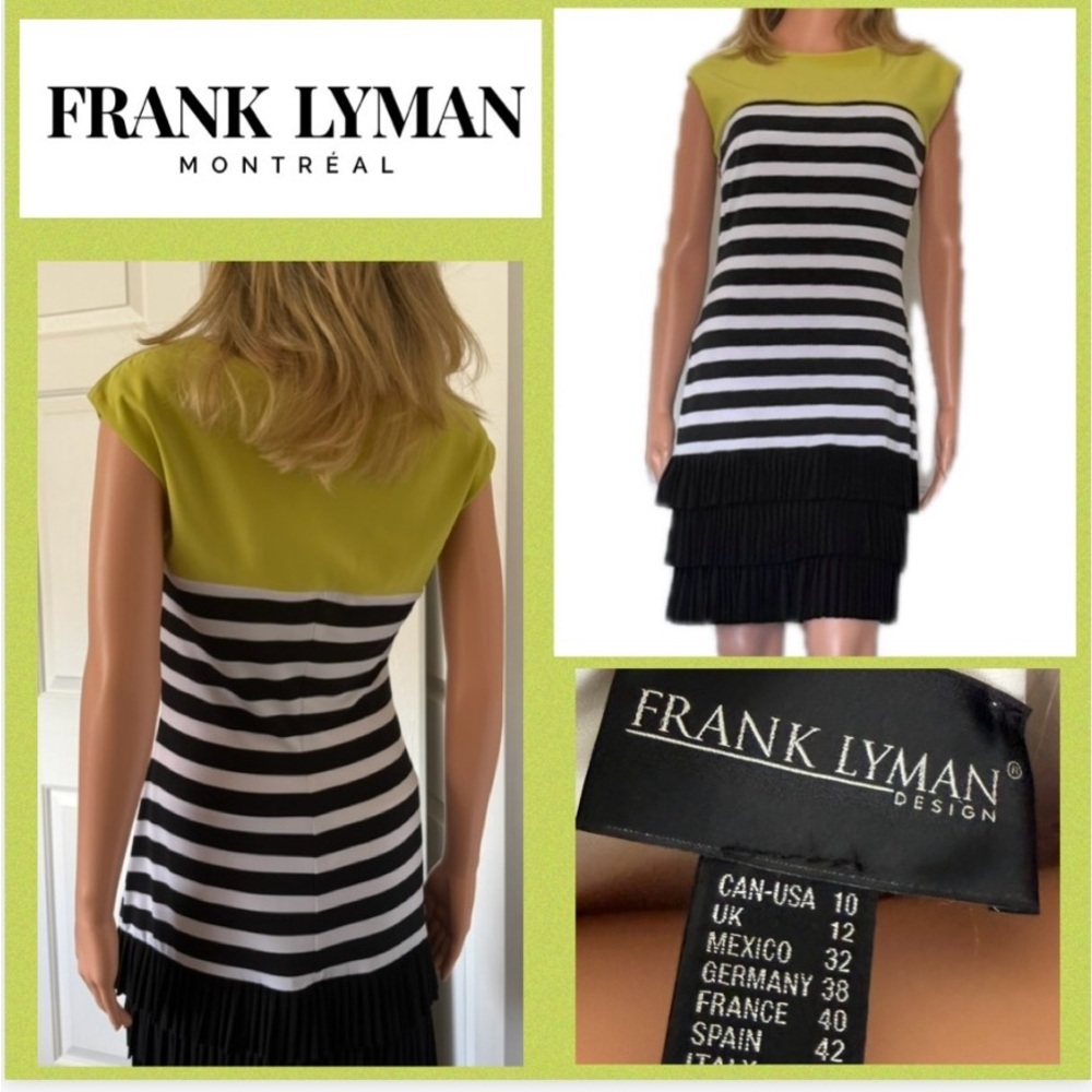 Frank Lyman designer - Striped Dress with Ruffle Hem (Chartreuse, black, white)